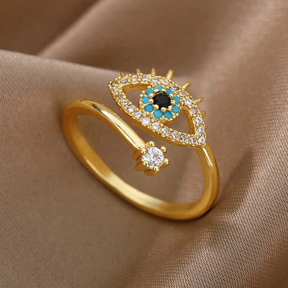 Wholesale Jewelry Light Luxury Retro Style Green Zircon Open Ushaped Stainless Steel Ring With 18K Gold Plated Electroplating For Women