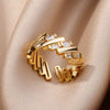 Wholesale Jewelry Light Luxury Retro Style Green Zircon Open Ushaped Stainless Steel Ring With 18K Gold Plated Electroplating For Women