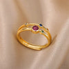 Wholesale Jewelry Light Luxury Retro Style Green Zircon Open Ushaped Stainless Steel Ring With 18K Gold Plated Electroplating For Women
