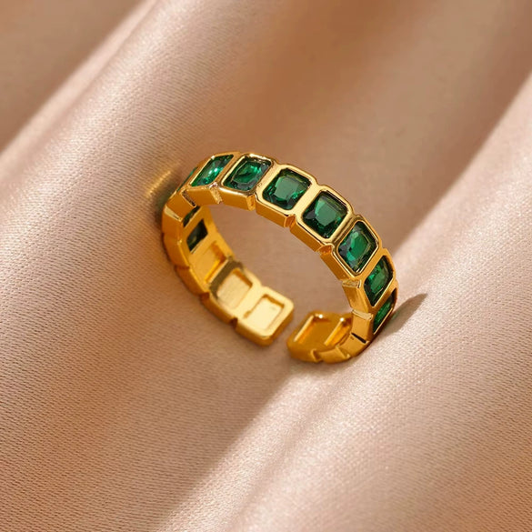 Wholesale Jewelry Light Luxury Retro Style Green Zircon Open Ushaped Stainless Steel Ring With 18K Gold Plated Electroplating For Women