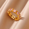 Wholesale Jewelry Light Luxury Retro Style Green Zircon Open Ushaped Stainless Steel Ring With 18K Gold Plated Electroplating For Women