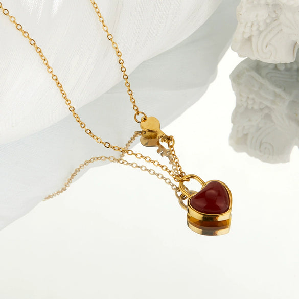 Wholesale Jewelry Light Luxury Romantic Titanium Steel Heart Shape Agate Inlay Necklace