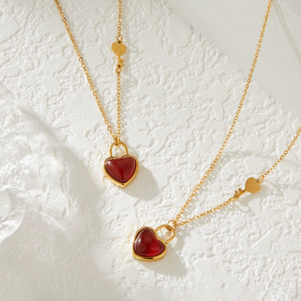 Wholesale Jewelry Light Luxury Romantic Titanium Steel Heart Shape Agate Inlay Necklace