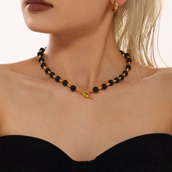 Wholesale Jewelry Light Luxury Stainless Steel Geometric Tiger Eye Beads Clavicle Necklace With Electroplating