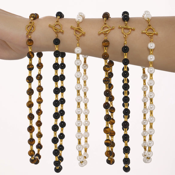 Wholesale Jewelry Light Luxury Stainless Steel Geometric Tiger Eye Beads Clavicle Necklace With Electroplating