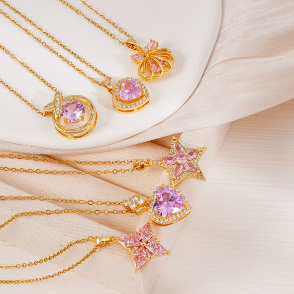 Wholesale Jewelry Light Luxury Style Copper Star Heart Bow Pendant Necklace With Mixed Gemstone Setting And O Word Chain Electroplating