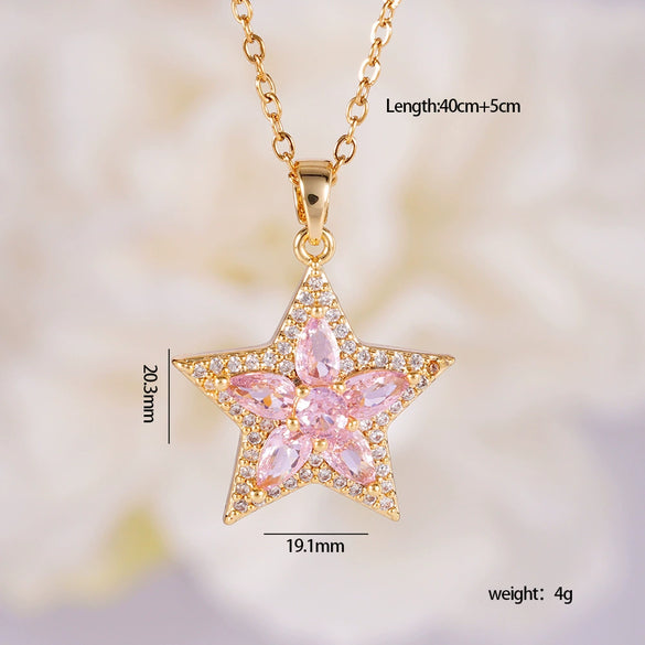 Wholesale Jewelry Light Luxury Style Copper Star Heart Bow Pendant Necklace With Mixed Gemstone Setting And O Word Chain Electroplating