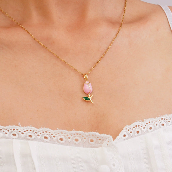 Wholesale Jewelry Light Luxury Style Flower Tulip Copper Clavicle Chain Necklace With Mixed Gemstone Setting And Electroplating