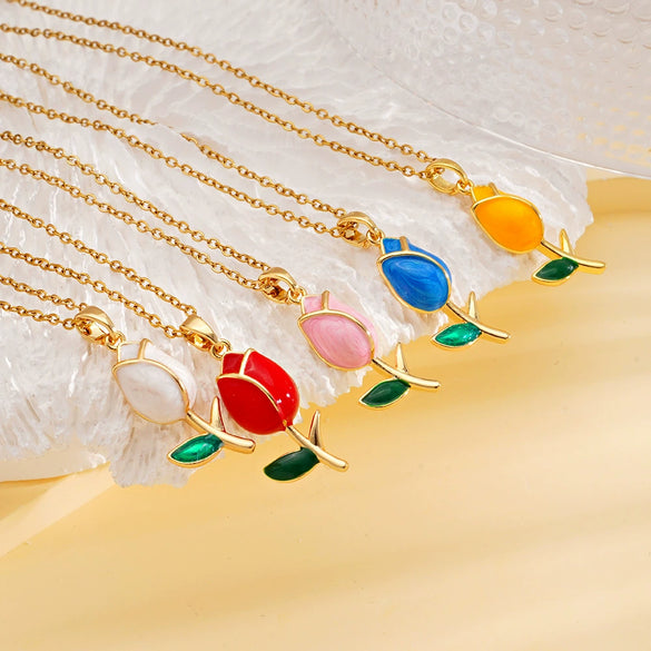 Wholesale Jewelry Light Luxury Style Flower Tulip Copper Clavicle Chain Necklace With Mixed Gemstone Setting And Electroplating