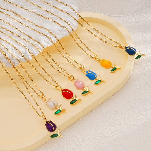 Wholesale Jewelry Light Luxury Style Flower Tulip Copper Clavicle Chain Necklace With Mixed Gemstone Setting And Electroplating