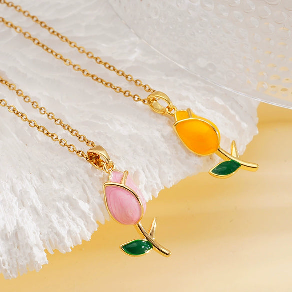 Wholesale Jewelry Light Luxury Style Flower Tulip Copper Clavicle Chain Necklace With Mixed Gemstone Setting And Electroplating