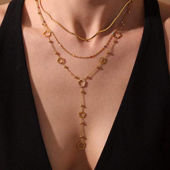 Wholesale Jewelry Light Luxury Style Geometric 316L Stainless Steel And 316L Stainless Steel Electroplating Tassel Zircon Flower Bead Necklace For Women
