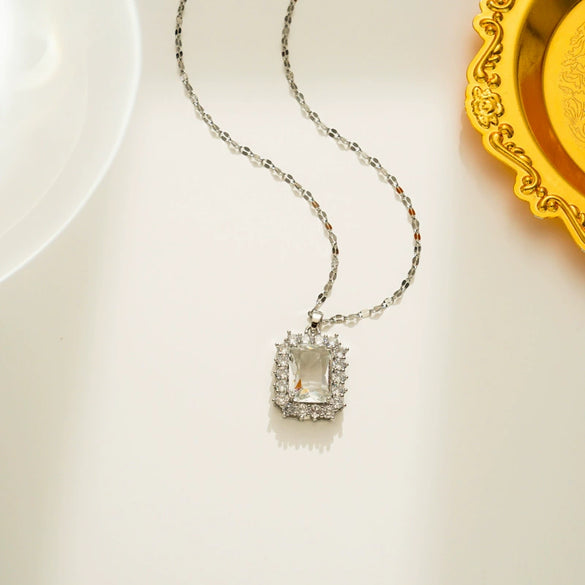 Wholesale Jewelry Light Luxury Style Geometric Titanium Steel Pendant Necklace With Diamond Design And Water Wave Chain