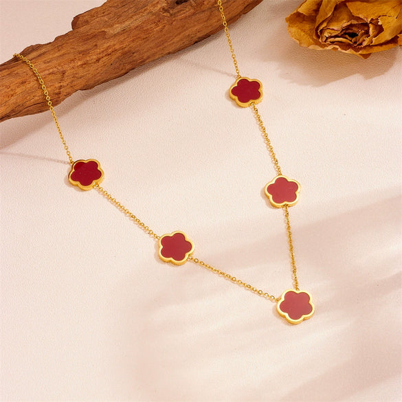 Wholesale Jewelry Light Luxury Style Titanium Steel Geometric And Five Leaf Flower Electroplated Three Piece Jewelry Set For Women