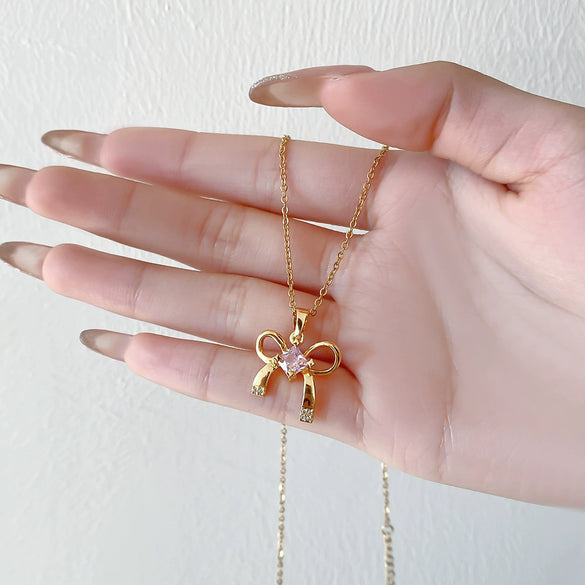 Wholesale Jewelry Light Luxury Titanium Steel Copper Bow Diamondencrusted Necklace For Women