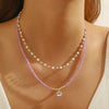 Wholesale Jewelry Little Fresh Style Heart Shape Alloy Pendant Artificial Crystal Double Layer String Of Pearls Necklace With Electroplating