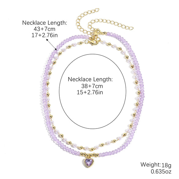 Wholesale Jewelry Little Fresh Style Heart Shape Alloy Pendant Artificial Crystal Double Layer String Of Pearls Necklace With Electroplating