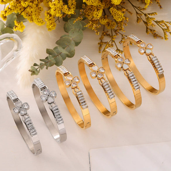 Wholesale Jewelry Love Stitching Shape Inlaid Zircon White Shellfish 316L Stainless Steel Bracelet Niche Geometric Electroplated