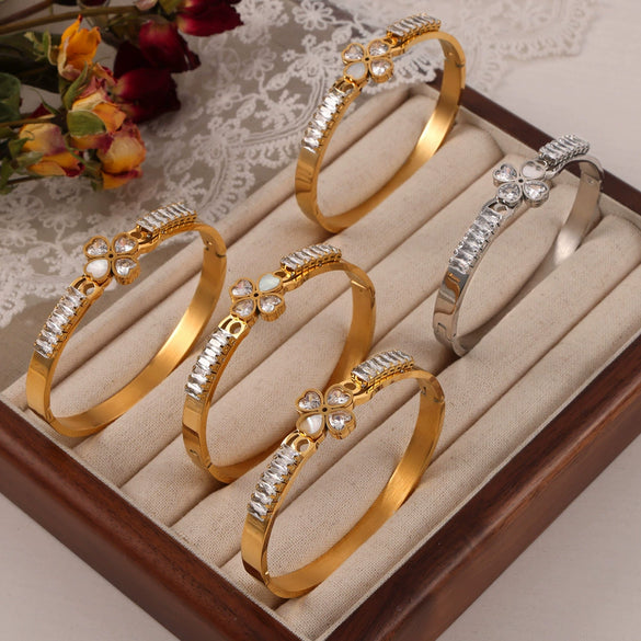 Wholesale Jewelry Love Stitching Shape Inlaid Zircon White Shellfish 316L Stainless Steel Bracelet Niche Geometric Electroplated