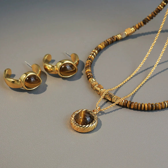 Wholesale Jewelry Maillard Style Natural Tiger Eye Stone Geometric Handmade Copper Pendant Necklace Set
