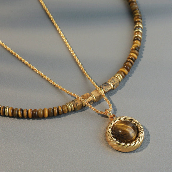 Wholesale Jewelry Maillard Style Natural Tiger Eye Stone Geometric Handmade Copper Pendant Necklace Set