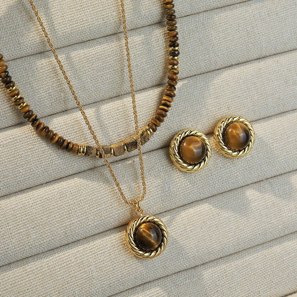 Wholesale Jewelry Maillard Style Natural Tiger Eye Stone Geometric Handmade Copper Pendant Necklace Set