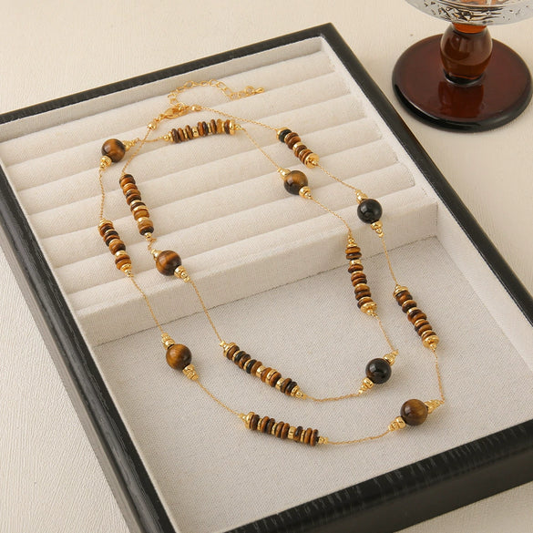 Wholesale Jewelry Maillard Style Natural Tiger Eye Stone Geometric Handmade Copper Pendant Necklace Set
