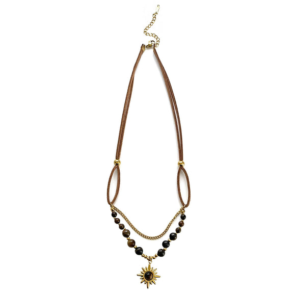 Wholesale Jewelry Maillard Style Retro Design Stainless Steel Sun Pendant With Natural Stone And Velvet Leather Cord Polished Plating Women's Necklace
