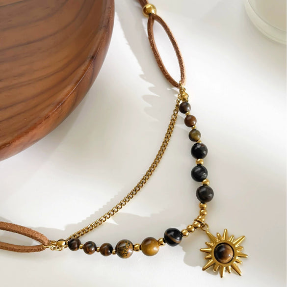 Wholesale Jewelry Maillard Style Retro Design Stainless Steel Sun Pendant With Natural Stone And Velvet Leather Cord Polished Plating Women's Necklace