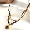 Wholesale Jewelry Maillard Style Retro Design Stainless Steel Sun Pendant With Natural Stone And Velvet Leather Cord Polished Plating Women's Necklace