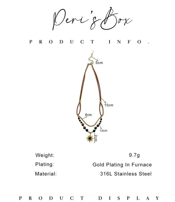 Wholesale Jewelry Maillard Style Retro Design Stainless Steel Sun Pendant With Natural Stone And Velvet Leather Cord Polished Plating Women's Necklace