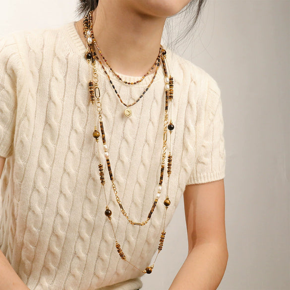Wholesale Jewelry Maillard Style Tiger Eye Stone And Copper Handmade Geometric Pattern Necklace