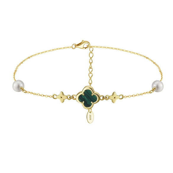 Wholesale Jewelry Malachite Four Leaf Clover Geometric Anklet 925 Sterling Silver Plating For Women