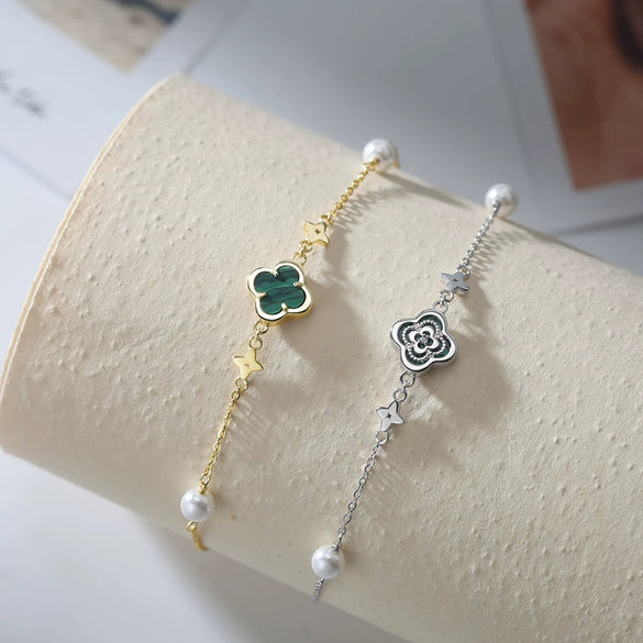 Wholesale Jewelry Malachite Four Leaf Clover Geometric Anklet 925 Sterling Silver Plating For Women