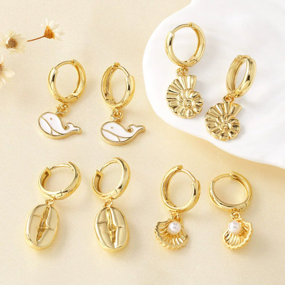 Wholesale Jewelry Marine Series Whale Shell Conch Pendant Earrings For Women Copper Electroplated