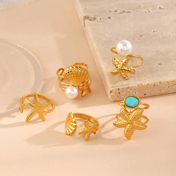 Wholesale Jewelry Marine Style Beach Scallop Starfish 304 Stainless Steel Artificial Pearls Turquoise Plating Inlay Open Rings
