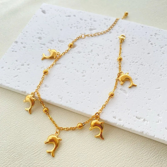 Wholesale Jewelry Marine Style Commute Starfish Dolphin Shell 201 Stainless Steel Gold Plated Anklet
