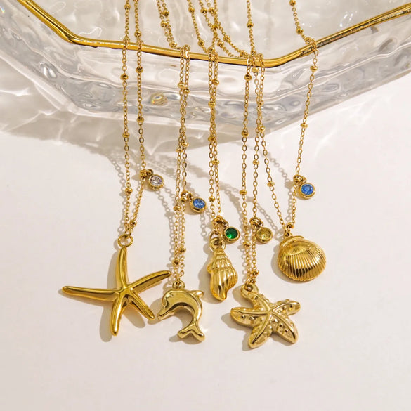 Wholesale Jewelry Marine Style Starfish Conch Dolphin Titanium Steel Inlaid Gemstone Pendant Necklace