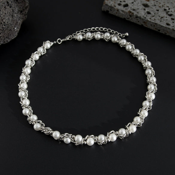 Wholesale Jewelry Men's Imitation Pearl Chain Geometric Style Alloy Pendant Handmade Necklace