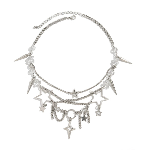 Wholesale Jewelry Metal Alloy Iron Chain Acrylic Beads Gravel Star Shape Electroplating Multilayer Stacked Tassel Necklace For Women
