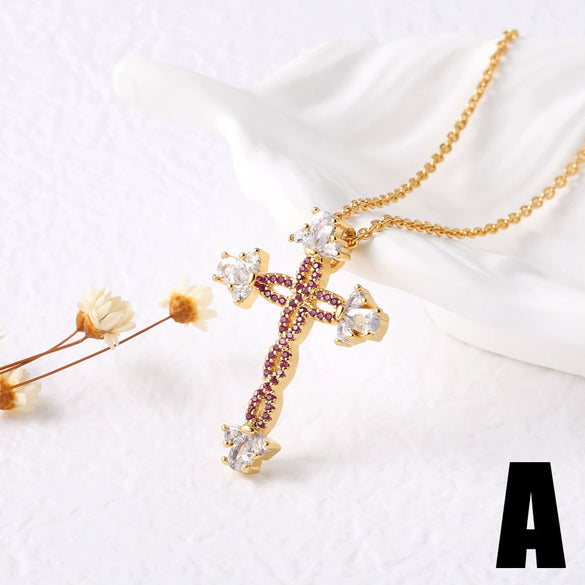 Wholesale Jewelry Minimalist Cross Pendant Necklace Copper 18K Gold Plated Zircon Snake Bone Chain