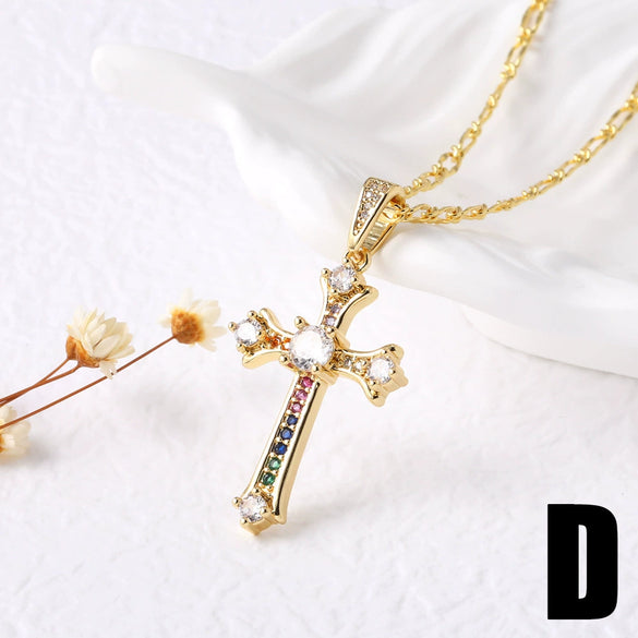 Wholesale Jewelry Minimalist Cross Pendant Necklace Copper 18K Gold Plated Zircon Snake Bone Chain