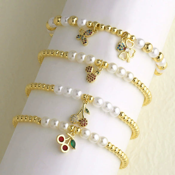 Wholesale Jewelry Minimalist Fruit Cherry Copper Pendant Bracelet Goldplated