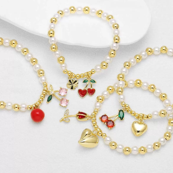 Wholesale Jewelry Minimalist Fruit Cherry Pearl Copper Gold Plated Bracelet