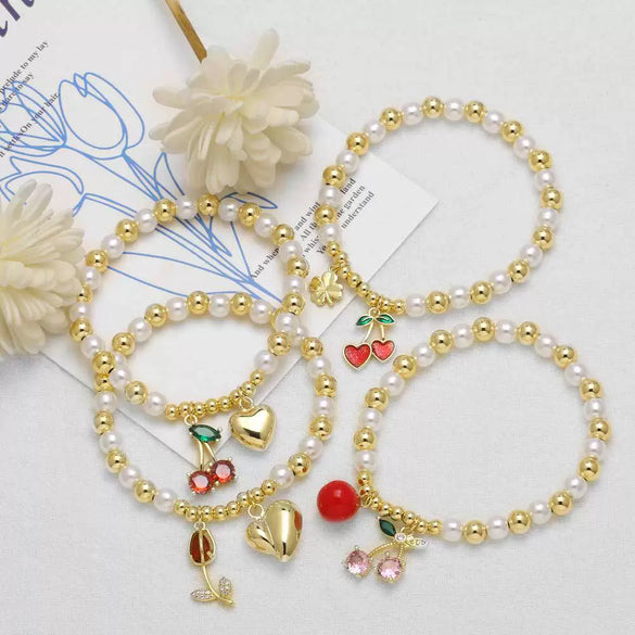Wholesale Jewelry Minimalist Fruit Cherry Pearl Copper Gold Plated Bracelet