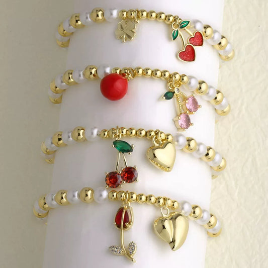 Wholesale Jewelry Minimalist Fruit Cherry Pearl Copper Gold Plated Bracelet