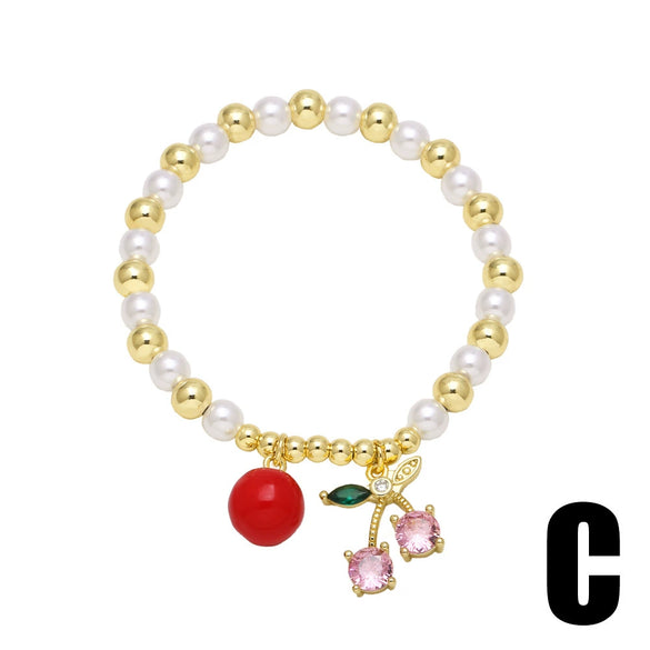 Wholesale Jewelry Minimalist Fruit Cherry Pearl Copper Gold Plated Bracelet