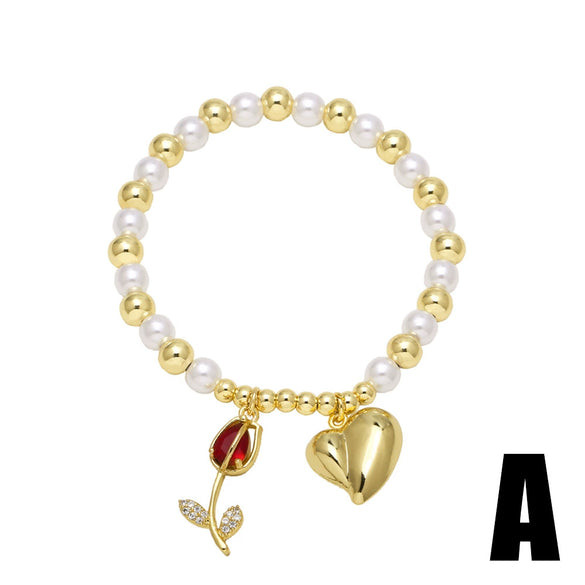 Wholesale Jewelry Minimalist Fruit Cherry Pearl Copper Gold Plated Bracelet