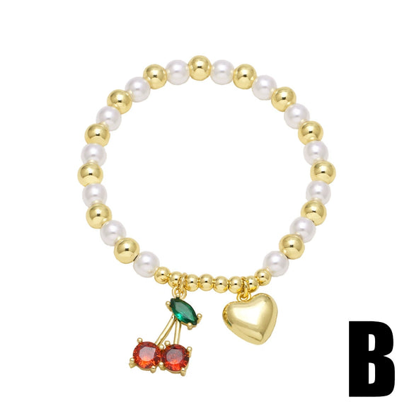 Wholesale Jewelry Minimalist Fruit Cherry Pearl Copper Gold Plated Bracelet