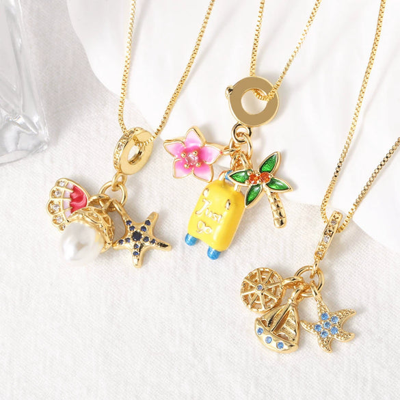 Wholesale Jewelry Minimalist Geometric Copper Pearl Flower Starfish Sailing Pendant Necklace Gold Plated Box Chain
